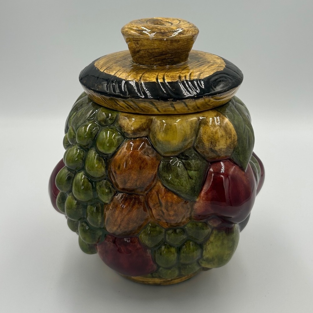 Vintage Style Fruit Harvest Ceramic Canister Hand Painted Grapes Apple Walnut 8"
